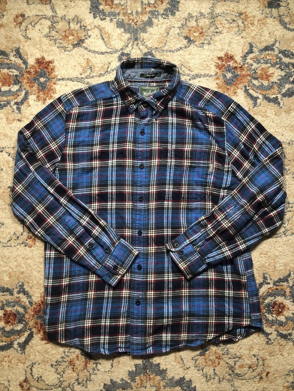 Woolrich Flannel Shirt Mens Large Plaid Button Down Collar Trout Run